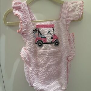 Mud Pie Pink Seersucker Golf Cart Romper